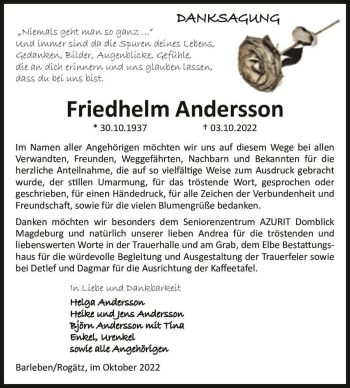 Traueranzeige von Friedhelm Andersson  von Magdeburger Volksstimme