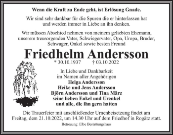Traueranzeige von Friedhelm Andersson  von Magdeburger Volksstimme