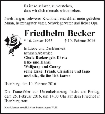 Traueranzeige von Friedhelm Becker  von Magdeburger Volksstimme