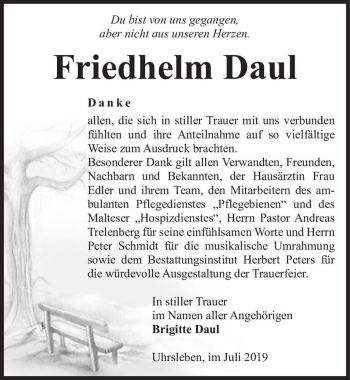 Traueranzeige von Friedhelm Daul  von Magdeburger Volksstimme