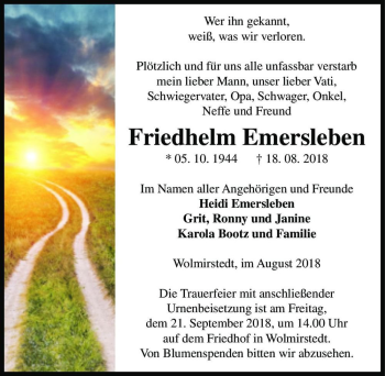 Traueranzeige von Friedhelm Emersleben  von Magdeburger Volksstimme