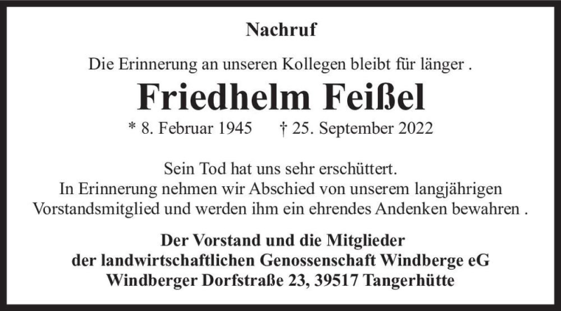  Traueranzeige für Friedhelm Feißel  vom 11.11.2022 aus Magdeburger Volksstimme