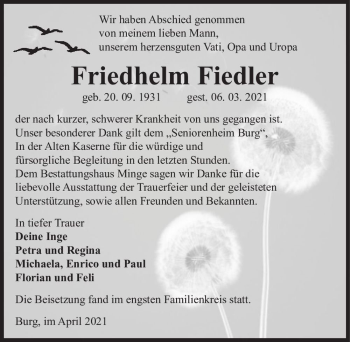 Traueranzeige von Friedhelm Fiedler  von Magdeburger Volksstimme