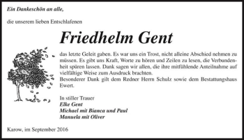 Traueranzeige von Friedhelm Gent  von Magdeburger Volksstimme