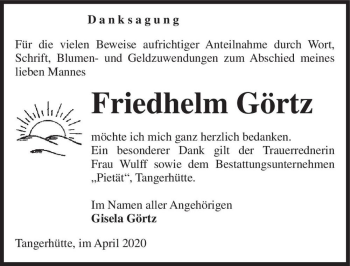 Traueranzeige von Friedhelm Görtz  von Magdeburger Volksstimme