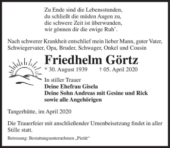 Traueranzeige von Friedhelm Görtz  von Magdeburger Volksstimme