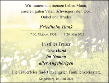 Traueranzeige von Friedhelm Hank  von Magdeburger Volksstimme