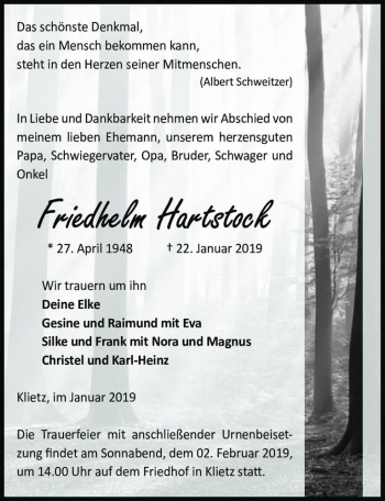 Traueranzeige von Friedhelm Hartstock  von Magdeburger Volksstimme