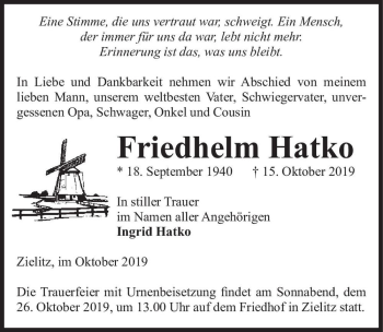 Traueranzeige von Friedhelm Hatko  von Magdeburger Volksstimme