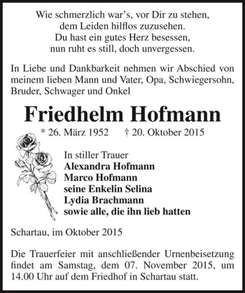 Traueranzeige von Friedhelm Hofmann  von Magdeburger Volksstimme