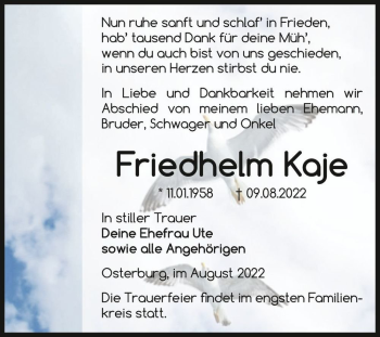 Traueranzeige von Friedhelm Kaje  von Magdeburger Volksstimme