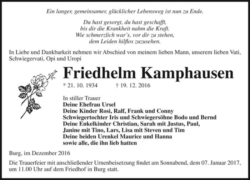  Traueranzeige für Friedhelm Kamphausen  vom 31.12.2016 aus Magdeburger Volksstimme