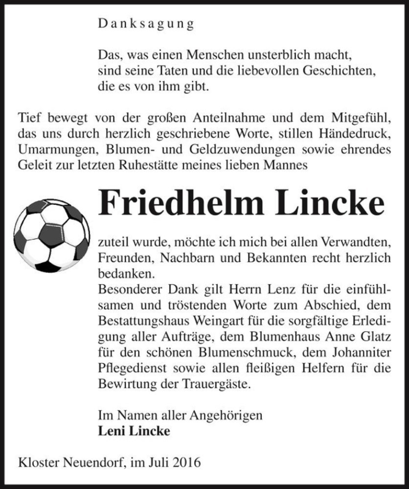  Traueranzeige für Friedhelm Lincke  vom 04.08.2016 aus Magdeburger Volksstimme