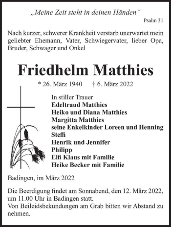 Traueranzeige von Friedhelm Matthies  von Magdeburger Volksstimme