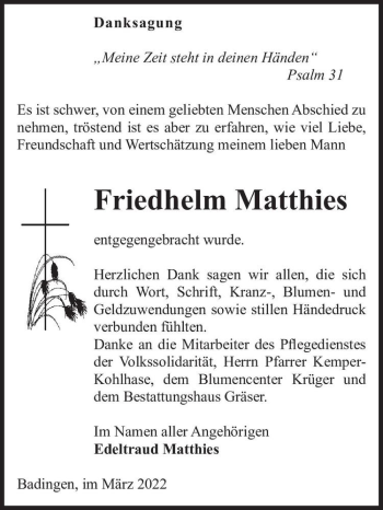 Traueranzeige von Friedhelm Matthies  von Magdeburger Volksstimme