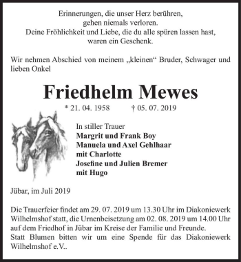 Traueranzeige von Friedhelm Mewes  von Magdeburger Volksstimme