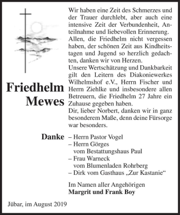 Traueranzeige von Friedhelm Mewes  von Magdeburger Volksstimme