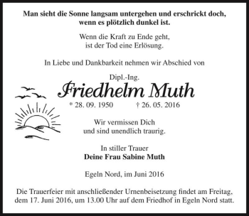 Traueranzeige von Friedhelm Muth  von Magdeburger Volksstimme