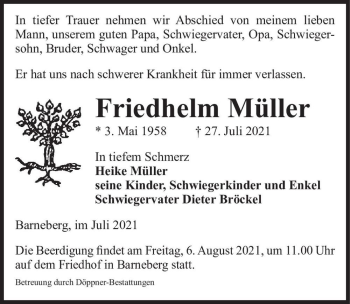 Traueranzeige von Friedhelm Müller  von Magdeburger Volksstimme