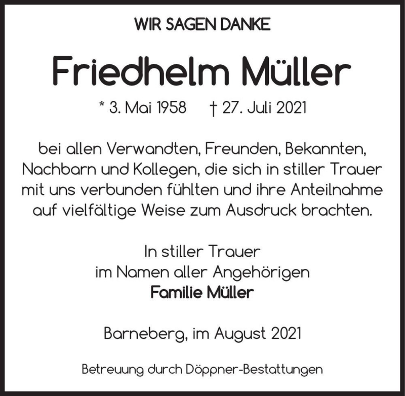  Traueranzeige für Friedhelm Müller  vom 14.08.2021 aus Magdeburger Volksstimme
