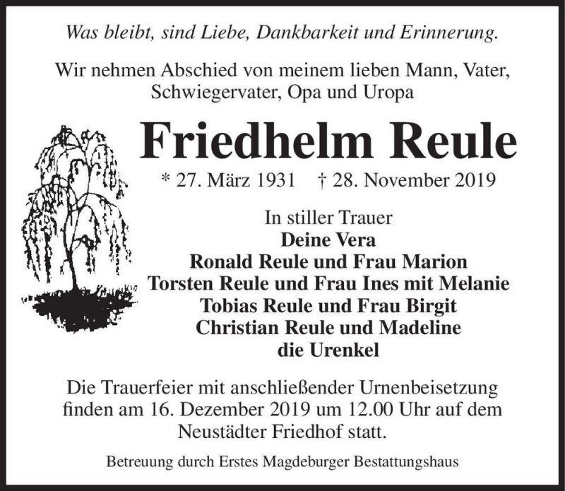  Traueranzeige für Friedhelm Reule  vom 07.12.2019 aus Magdeburger Volksstimme