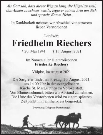 Traueranzeige von Friedhelm Riechers  von Magdeburger Volksstimme