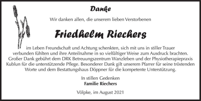  Traueranzeige für Friedhelm Riechers  vom 04.09.2021 aus Magdeburger Volksstimme