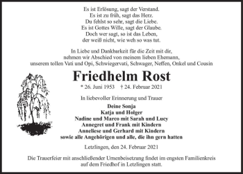 Traueranzeige von Friedhelm Rost  von Magdeburger Volksstimme