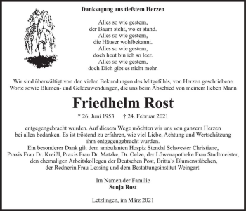 Traueranzeige von Friedhelm Rost  von Magdeburger Volksstimme