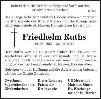 Traueranzeige von Friedhelm Ruths  von Magdeburger Volksstimme