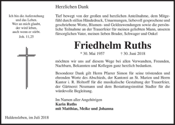 Traueranzeige von Friedhelm Ruths  von Magdeburger Volksstimme