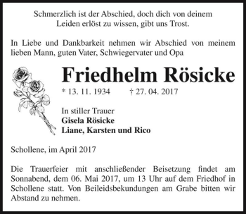 Traueranzeige von Friedhelm Rösicke  von Magdeburger Volksstimme