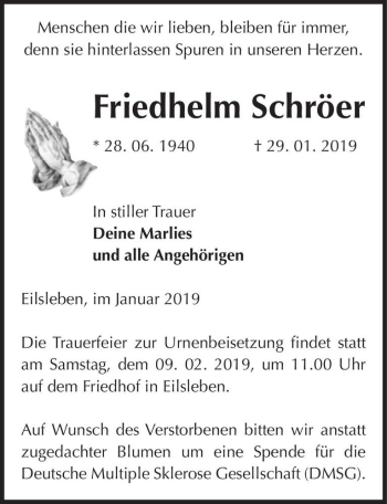 Traueranzeige von Friedhelm Schröer  von Magdeburger Volksstimme