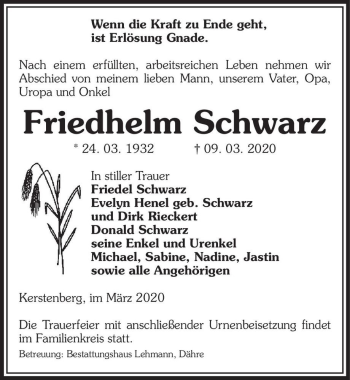 Traueranzeige von Friedhelm Schwarz  von Magdeburger Volksstimme
