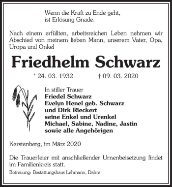 Traueranzeige von Friedhelm Schwarz  von Magdeburger Volksstimme
