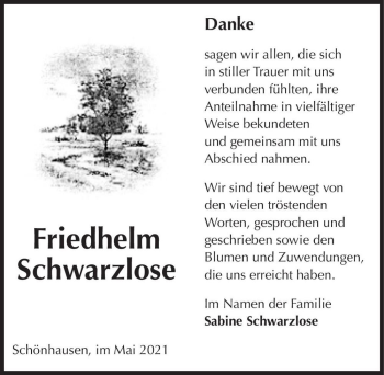 Traueranzeige von Friedhelm Schwarzlose  von Magdeburger Volksstimme