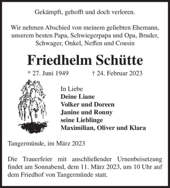 Traueranzeige von Friedhelm Schütte  von Magdeburger Volksstimme
