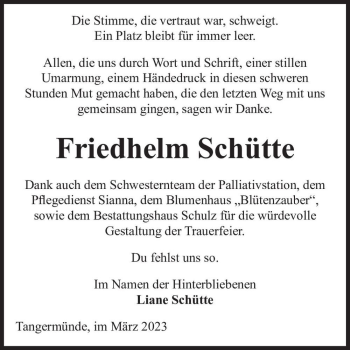 Traueranzeige von Friedhelm Schütte  von Magdeburger Volksstimme