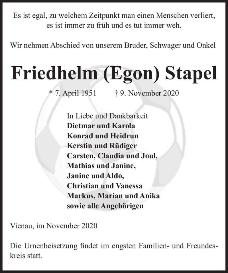  Traueranzeige für Friedhelm Stapel  vom 14.11.2020 aus Magdeburger Volksstimme