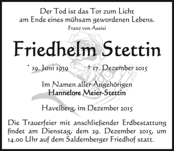 Traueranzeige von Friedhelm Stettin  von Magdeburger Volksstimme