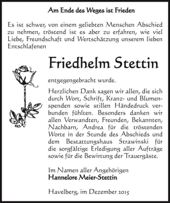 Traueranzeige von Friedhelm Stettin  von Magdeburger Volksstimme