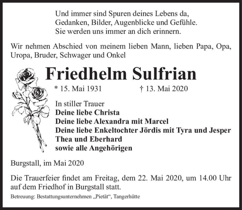  Traueranzeige für Friedhelm Sulfrian  vom 16.05.2020 aus Magdeburger Volksstimme