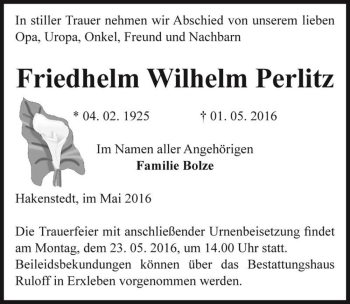 Traueranzeige von Friedhelm Wilhelm Perlitz  von Magdeburger Volksstimme