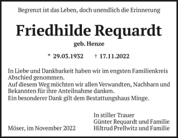 Traueranzeige von Friedhilde Requardt (geb. Henze)  von Magdeburger Volksstimme