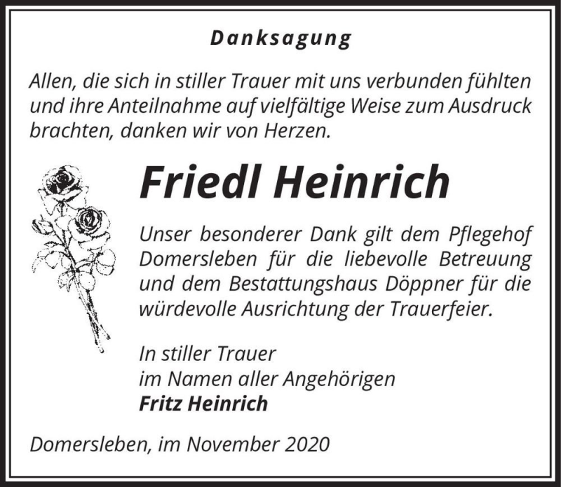  Traueranzeige für Friedl Heinrich  vom 28.11.2020 aus Magdeburger Volksstimme