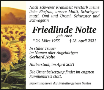 Traueranzeige von Friedlinde Nolte (geb. Aust)  von Magdeburger Volksstimme