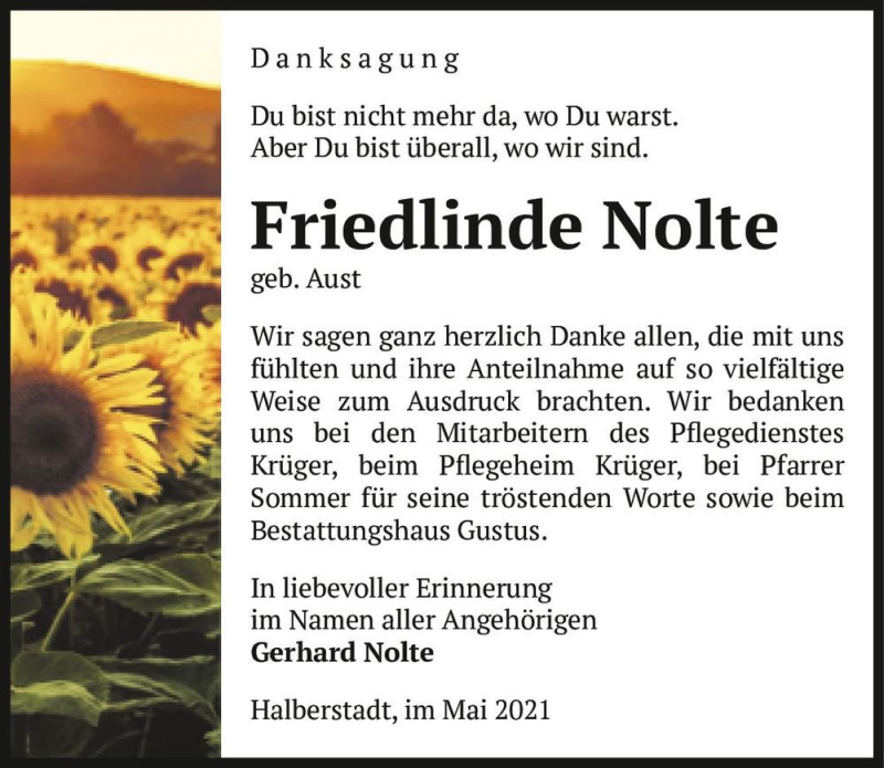  Traueranzeige für Friedlinde Nolte (geb. Aust)  vom 05.06.2021 aus Magdeburger Volksstimme