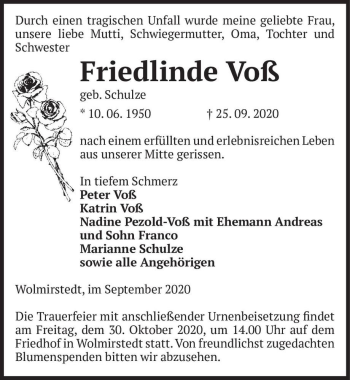 Traueranzeige von Friedlinde Voß (geb. Schulze)  von Magdeburger Volksstimme