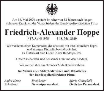 Traueranzeige von Friedrich-Alexander Hoppe  von Magdeburger Volksstimme