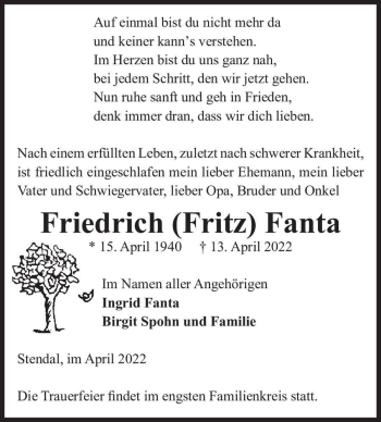 Traueranzeige von Friedrich 